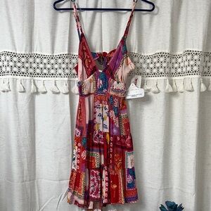 Angie Patchwork Floral Mini Dress in Pink and Red